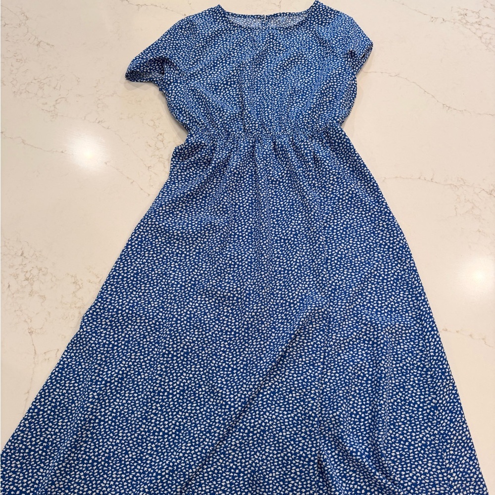 Women Blue Floral Print Maxi Dress Short Sleeve Smocked Waist Flowy Cottagecore